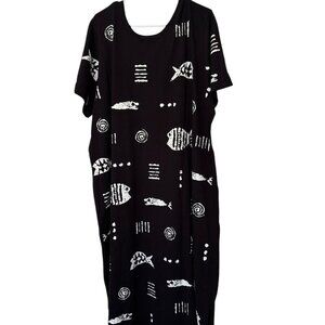 M. MAC Black Rock Fish Maxi Dress Womens 2X Short Sleeve Cotton USA NWOT